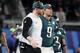 MINNEAPOLIS, MN - FEBRUARY 04: Carson Wentz #11 and Nick Foles #9 of the Philadelphia Eagles look on during the first quarter against the New England Patriots in Super Bowl LII at U.S. Bank Stadium on February 4, 2018 in Minneapolis, Minnesota. (Photo by