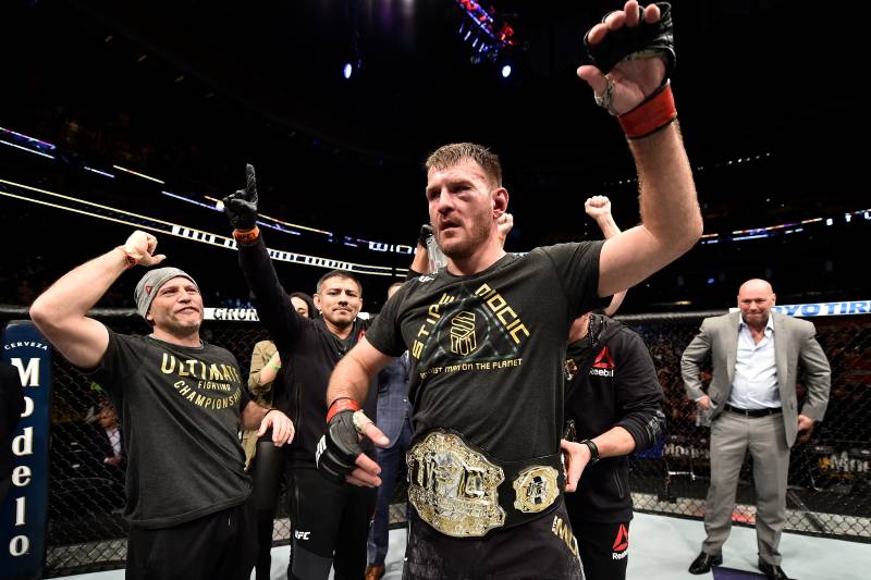 BOSTON, MA - JANUARY 20: Stipe Miocic celebrates after his unanimous-decision victory over Francis Ngannou of Cameroon in their heavyweight championship bout during the UFC 220 event at TD Garden on January 20, 2018 in Boston, Massachusetts. (Photo by Je