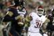 LUBBOCK, TX - OCTOBER 22: Linebacker Ogbonnia Okoronkwo #31 of the Oklahoma Sooners eyes quarterback Patrick Mahomes #5 of the Texas Tech Red Raiders on October 22, 2016 in Lubbock, Texas. (Photo by Joshua Gateley/Getty Images)