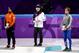 GANGNEUNG, SOUTH KOREA - FEBRUARY 10: (L-R) Silver medalist Sjinkie Knegt of the Netherlands, gold medalist Hyojun Lim of Korea and bronze medalist Semen Elistratov of Olympic Athlete from Russia are celebrated at the victory ceremony during the Men's 15