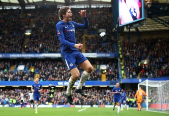 LONDON, ENGLAND - JANUARY 28:  Marcos Alonso of Chelsea celebrates after scoring his sides third goal during The Emirates FA Cup Fourth Round match between Chelsea and Newcastle on January 28, 2018 in London, United Kingdom.  (Photo by Julian Finney/Getty