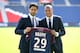 PARIS, FRANCE - SEPTEMBER 6: Kylian Mbappe is presented as new player of Paris Saint Germain by President of PSG Nasser Al Khelaifi at Parc des Princes on September 6, 2017 in Paris, France. (Photo by Jean Catuffe/Getty Images)