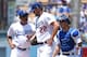 LOS ANGELES, CA - JULY 23: Clayton Kershaw #22 of the Los Angeles Dodgers is checked for a possible injury in the second inning against the Atlanta Braves at Dodger Stadium on July 23, 2017 in Los Angeles, California. (Photo by Lisa Blumenfeld/Getty Ima
