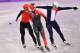 (L-R) China's Wu Dajing, Canada's Charles Hamelin and France's Sebastien Lepape compete in the men's 1,000m short track speed skating heat event during the Pyeongchang 2018 Winter Olympic Games, at the Gangneung Ice Arena in Gangneung on February 13, 2018