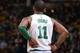 BOSTON, MA - FEBRUARY 14: The jersey of Kyrie Irving #11 of the Boston Celtics as seen during the game against the LA Clippers on February 14, 2018 at the TD Garden in Boston, Massachusetts. NOTE TO USER: User expressly acknowledges and agrees that, by d