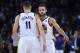 OAKLAND, CA - JANUARY 08: Klay Thompson #11 and Stephen Curry #30 of the Golden State Warriors celebrates after they defeated the Denver Nuggets 124-114 during an NBA Basketballl game at ORACLE Arena on January 8, 2018 in Oakland, California. NOTE TO USE
