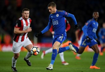 LEICESTER, ENGLAND - FEBRUARY 16:  Jamie Vardy of Leicester in action during The Emirates FA Cup Fifth Round match between Leicester City and Sheffield United  at The King Power Stadium on February 16, 2018 in Leicester, England.  (Photo by Shaun Botteril