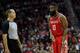 HOUSTON, TX - DECEMBER 16: James Harden #13 of the Houston Rockets talks with referee John Goble #30 after a foul in the second half against the Milwaukee Bucks at Toyota Center on December 16, 2017 in Houston, Texas. NOTE TO USER: User expressly acknow