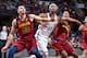 CLEVELAND, OH - FEBRUARY 27: Dante Cunningham #44 of the Brooklyn Nets blocks out Larry Nance Jr. #22 and George Hill #3 of the Cleveland Cavaliers during the game on February 27, 2018 at Quicken Loans Arena in Cleveland, Ohio. NOTE TO USER: User express