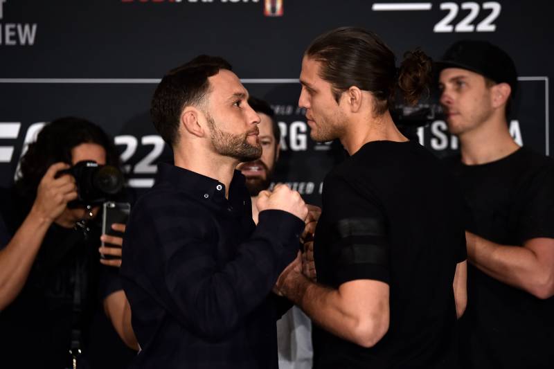 LAS VEGAS, NV - MARCH 01: Opponents Frankie Edgar (L) and Brian Ortega face off during the UFC 222 Ultimate Media Day at MGM Grand Hotel & Casino on March 1, 2018 in Las Vegas, Nevada. (Photo by Jeff Bottari/Zuffa LLC/Zuffa LLC via Getty Images)