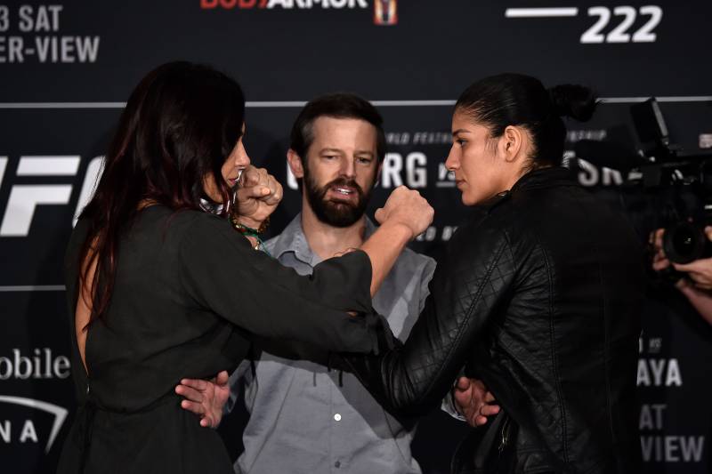 LAS VEGAS, NV - MARCH 01: Opponents Cat Zingano (L) and Ketlen Vieira of Brazil face off for media during the UFC 222 Ultimate Media Day at MGM Grand Hotel & Casino on March 1, 2018 in Las Vegas, Nevada. (Photo by Jeff Bottari/Zuffa LLC/Zuffa LLC via Get