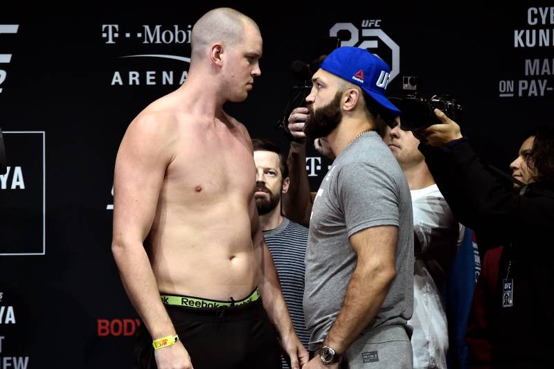 LAS VEGAS, NV - MARCH 02: (L-R) Stefan Struve of The Netherlands and Andrei Arlovski of Belarus face off during a UFC 222 weigh-in on March 2, 2018 in Las Vegas, Nevada. (Photo by Jeff Bottari/Zuffa LLC/Zuffa LLC via Getty Images)