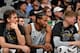SAN ANTONIO, TX - JANUARY 13: Pau Gasol #16 of the San Antonio Spurs, Kawhi Leonard #2 of the San Antonio Spurs, and Davis Bertans #42 of the San Antonio Spurs look on against the Denver Nuggets on January 13, 2018 at the AT&T Center in San Antonio, Texa