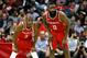 HOUSTON, TX - JANUARY 20: Chris Paul #3 of the Houston Rockets and James Harden #13 against the Golden State Warriors at Toyota Center on January 20, 2018 in Houston, Texas. NOTE TO USER: User expressly acknowledges and agrees that, by downloading and or