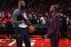 HOUSTON, TX - NOVEMBER 9: Chris Paul #3 of the Houston Rockets talks with LeBron James #23 of the Cleveland Cavaliers on NOVEMBER 9, 2017 at the Toyota Center in Houston, Texas. NOTE TO USER: User expressly acknowledges and agrees that, by downloading an