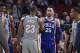CLEVELAND, OH - MARCH 1: Ben Simmons #25 of the Philadelphia 76ers and LeBron James #23 of the Cleveland Cavaliers talk after the game on March 1, 2018 at Quicken Loans Arena in Cleveland, Ohio. NOTE TO USER: User expressly acknowledges and agrees that, b