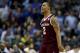 CHARLOTTE, NC - MARCH 18: TJ Starks #2 of the Texas A&M Aggies reacts at the end of the first half against the North Carolina Tar Heels during the second round of the 2018 NCAA Men's Basketball Tournament at Spectrum Center on March 18, 2018 in Charlotte