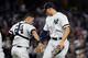 NEW YORK, NY - OCTOBER 18: Gary Sanchez #24 and Aaron Judge #99 of the New York Yankees celebrate after defeating the Houston Astros in Game Five of the American League Championship Series at Yankee Stadium on October 18, 2017 in the Bronx borough of New