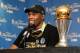 OAKLAND, CA - JUNE 12: NBA Finals MVP Kevin Durant #35 of the Golden State Warriors speaks to the media after winning the NBA Championship in Game Five of the 2017 NBA Finals against the Cleveland Cavaliers on June 12, 2017 at ORACLE Arena in Oakland, Ca