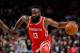 PORTLAND, OR - MARCH 20: James Harden #13 of the Houston Rockets drives against the Portland Trail Blazers at Moda Center on March 20, 2018 in Portland, Oregon. NOTE TO USER: User expressly acknowledges and agrees that, by downloading and or using this