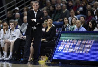 Coach Geno Auriemma watches as UConn routs St. Francis 140-52 in the NCAA tourney.