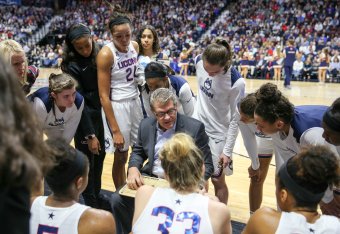 UNCASVILLE, CT - DECEMBER 19: Head coach Geno Auriemma of the UConn Huskies during the game  recording his 1000th win as head coach during the Naismith Basketball Hall of Fame Holiday Showcase game between the UConn Huskies and the Oklahoma Sooners, NCAA 