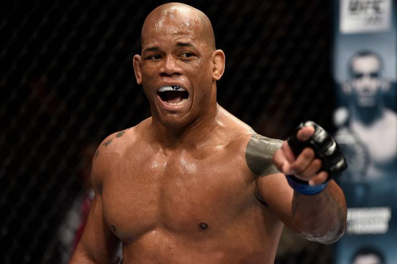 LAS VEGAS, NV - MARCH 03: Hector Lombard of Cuba reacts after landing an illegal punch at the end of round one against CB Dollaway in their middleweight bout during the UFC 222 event inside T-Mobile Arena on March 3, 2018 in Las Vegas, Nevada. (Photo by
