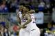OMAHA, NE - MARCH 25: Udoka Azubuike #35 and Silvio De Sousa #22 of the Kansas Jayhawks celebrate after defeating the Duke Blue Devils with a score of 81 to 85 in the 2018 NCAA Men's Basketball Tournament Midwest Regional at CenturyLink Center on March 2