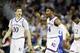 OMAHA, NE - MARCH 25: Malik Newman #14 of the Kansas Jayhawks celebrates against the Duke Blue Devils during overtime in the 2018 NCAA Men's Basketball Tournament Midwest Regional at CenturyLink Center on March 25, 2018 in Omaha, Nebraska. The Kansas Jay