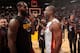 MIAMI, FL - MARCH 27: LeBron James #23 of the Cleveland Cavaliers and Dwyane Wade #3 of the Miami Heat meet after the game between the two teams on March 27, 2018 at American Airlines Arena in Miami, Florida. NOTE TO USER: User expressly acknowledges and