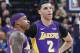 INDIANAPOLIS, IN - MARCH 19: Isaiah Thomas #3 and Lonzo Ball #2 of the Los Angeles Lakers look on against the Indiana Pacers in the first half of a game at Bankers Life Fieldhouse on March 19, 2018 in Indianapolis, Indiana. NOTE TO USER: User expressly ac