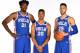 PHILADELPHIA, PA - SEPTEMBER 25: Ben Simmons #25 Joel Embiid #21 and Markelle Fultz #20 pose for a portrait during 2017-18 NBA Media Day on September 25, 2017 at Wells Fargo Center in Philadelphia, Pennsylvania. NOTE TO USER: User expressly acknowledges a