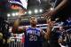 PHILADELPHIA,PA - MARCH 26 : Markelle Fultz #20 of the Philadelphia 76ers runs into the locker room while shaking fans hands against the Denver Nuggets at Wells Fargo Center on March 26, 2018 in Philadelphia, Pennsylvania NOTE TO USER: User expressly ack