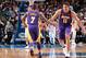 DALLAS, TX - FEBRUARY 10: Isaiah Thomas #7 and Brook Lopez #11 of the Los Angeles Lakers react during game against the Dallas Mavericks on February 10, 2018 at the American Airlines Center in Dallas, Texas. NOTE TO USER: User expressly acknowledges and ag