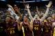 ATLANTA, GA - MARCH 24: Cameron Satterwhite #23, Cameron Krutwig #25, Lucas Williamson #1, Nick Dinardi #44 and Christian Negron #12 of the Loyola Ramblers celebrate their teams win over the Kansas State Wildcats during the 2018 NCAA Men's Basketball Tou