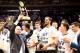 NEW YORK, NY - MARCH 29: Head coach Pat Chambers of the Penn State Nittany Lions celebrates with his team after defeating the Utah Utes 82-66 during the 2018 NIT Championship game at Madison Square Garden on March 29, 2018 in New York City. (Photo by Abb