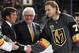 LAS VEGAS, NV - MARCH 31: (L-R) Vegas Golden Knights general manager George McPhee and Chairman, CEO and Governor Bill Foley present William Karlsson #71 with the Vegas Golden Knights Seventh Player Award, given to the player whose performance most excee