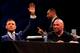 Conor McGregor and Dana White at a prefight press conference for McGregor's boxing match against Floyd Mayweather Jr.