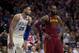 PHILADELPHIA, PA - APRIL 6: Ben Simmons #25 of the Philadelphia 76ers and LeBron James #23 of the Cleveland Cavaliers look on during foul shots at the Wells Fargo Center on April 6, 2018 in Philadelphia, Pennsylvania. NOTE TO USER: User expressly acknowle