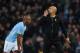 MANCHESTER, ENGLAND - APRIL 10: Josep Guardiola, Manager of Manchester City reacts at the half time whistle during the UEFA Champions League Quarter Final Second Leg match between Manchester City and Liverpool at Etihad Stadium on April 10, 2018 in Manch