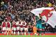 LONDON, ENGLAND - APRIL 08: Pierre-Emerick Aubameyang of Arsenal celebrates with team mates after scoring his sides first goal during the Premier League match between Arsenal and Southampton at Emirates Stadium on April 8, 2018 in London, England. (Phot