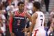 TORONTO, ON - APRIL 14: John Wall #2 of the Washington Wizards talks to Kyle Lowry #7 of the Toronto Raptors during Game One of the first round of the 2018 NBA Playoffs at Air Canada Centre on April 14, 2018 in Toronto, Canada. NOTE TO USER: User expressl