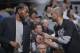 SAN ANTONIO, TX - FEBRUARY 28: Kawhi Leonard #2 of the San Antonio Spurs talks with Tony Parker #9 of the San Antonio Spurs during the game against the New Orleans Pelicans on February 28, 2018 at the AT&T Center in San Antonio, Texas. NOTE TO USER: User
