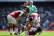 LONDON, ENGLAND - APRIL 22: Granit Xhaka checks if Mohamed Elneny of Arsenal is ok as the medical team arrive on pitch during the Premier League match between Arsenal and West Ham United at Emirates Stadium on April 22, 2018 in London, England. (Photo b