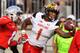 COLUMBUS, OH - OCTOBER 7: D.J. Moore #1 of the Maryland Terrapins attempts to catch a pass against the Ohio State Buckeyes at Ohio Stadium on October 7, 2017 in Columbus, Ohio. (Photo by Jamie Sabau/Getty Images)