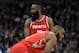 MINNEAPOLIS, MN - APRIL 21: James Harden #13 and Chris Paul #3 of the Houston Rockets react during the fourth quarter in Game Three of Round One of the 2018 NBA Playoffs against the Minnesota Timberwolves on April 21, 2018 at the Target Center in Minneapo