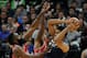 MINNEAPOLIS, MN - APRIL 21: James Harden #13 and PJ Tucker #4 of the Houston Rockets defend against Karl-Anthony Towns #32 of the Minnesota Timberwolves during the first quarter in Game Three of Round One of the 2018 NBA Playoffs on April 21, 2018 at the