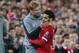 LIVERPOOL, ENGLAND - APRIL 24: Jurgen Klopp the manager of Liverpool congratulates Mohamed Salah after substituting him during the UEFA Champions League Semi Final First Leg match between Liverpool and A.S. Roma at Anfield on April 24, 2018 in Liverpool,