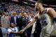 PHILADELPHIA, PA - APRIL 24: Meek Mill and Ben Simmons #25 of the Philadelphia 76ers high five before the game against the Miami Heat in Game Five of Round One of the 2018 NBA Playoffs on April 24, 2018 at the Wells Fargo Center in Philadelphia, Pennsylv