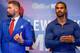 British boxers David Haye (R) and Tony Bellew attend a press conference in London on October 4, 2017, to promote their upcoming heavyweight rematch, due to take place on December 17. / AFP PHOTO / Tolga AKMEN (Photo credit should read TOLGA AKMEN/
